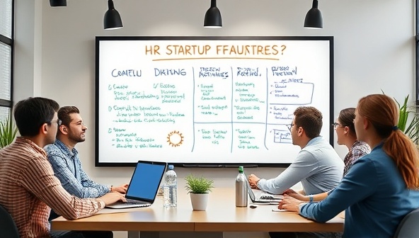 An innovative virtual office setup with HR consultants engaging with startup founders on a virtual whiteboard, brainstorming HR strategies and solutions, fostering a collaborative and dynamic environment.