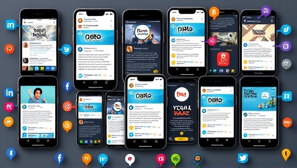 An artistic collage of various social media bios creatively displayed on mobile screens, accompanied by vibrant icons representing different industries and personalities, symbolizing the diversity and impact of optimized bios.