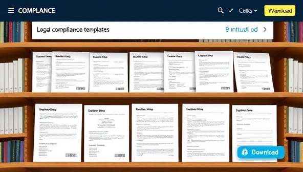 A digital interface showcasing a collection of legal compliance templates and policy documents neatly organized in a virtual library, with customizable features and download options, emphasizing convenience and efficiency in compliance management.