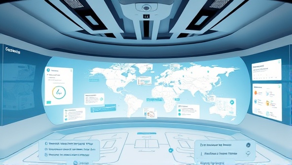 An immersive virtual reality environment showcasing a customer journey map unfolding in a 3D space, with interactive touchpoints and data visualization elements highlighting the seamless navigation and engagement opportunities offered by JourneyCraft's virtual platform for customer journey mapping.
