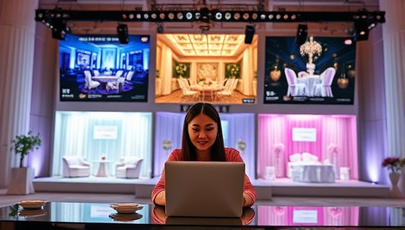 An engaging visual of a virtual event planner collaborating with clients through a digital platform, showcasing virtual venue options, decor designs, and interactive event features, highlighting the platform's versatility and customization options.