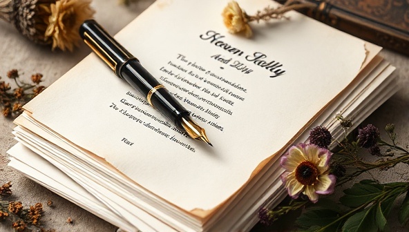 An elegant calligraphy pen resting on a stack of parchment paper with a beautifully crafted poem, surrounded by dried flowers and artistic embellishments, creating a serene and poetic atmosphere that reflects the essence of personalized poetry subscription service.