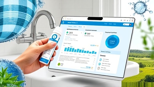 An online water testing kit being used by a homeowner to collect a sample from their faucet, with a digital interface displaying water quality data and treatment recommendations, surrounded by images of clean, flowing water sources and green landscapes, symbolizing purity and safety.