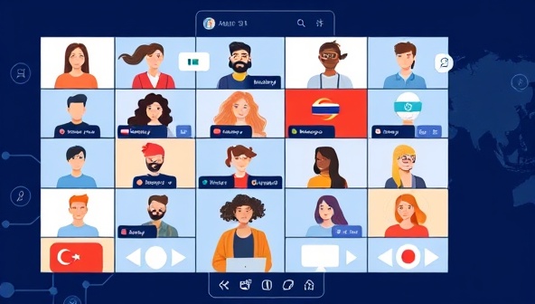 An online platform interface showing virtual language exchange rooms with diverse avatars engaging in conversations in different languages, highlighting global connectivity and cultural exchange.