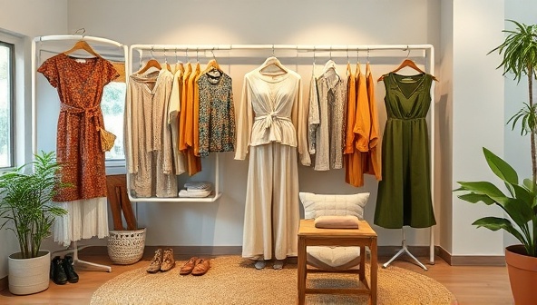 An artistic and visually appealing display of sustainable fashion items like organic cotton clothing, recycled accessories, and eco-friendly footwear arranged in a virtual boutique setting, highlighting the platform's commitment to sustainability and style.