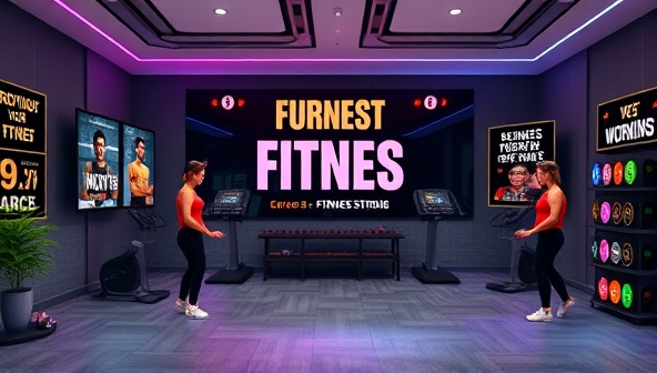 A virtual fitness studio environment featuring digital workout sessions, exercise equipment displays, and motivational fitness quotes, surrounded by energetic workout avatars, progress trackers, and wellness badges, creating a dynamic and inclusive fitness coaching platform for users.