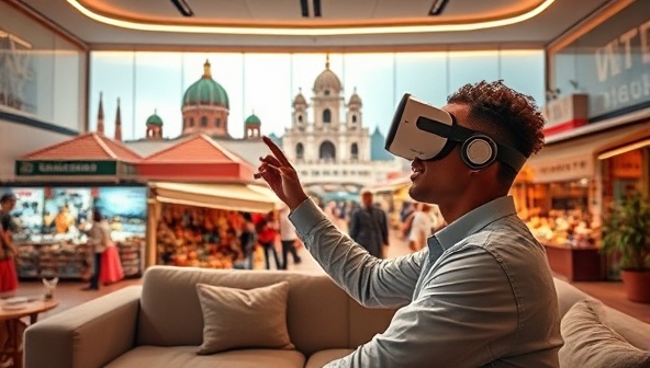 A futuristic living room setup with a person wearing VR goggles, virtually exploring a bustling market in a foreign country, surrounded by digital representations of iconic landmarks, showcasing the immersive travel experience offered by Wanderlust Live.