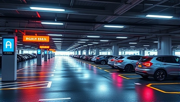 A futuristic visual depicting a smart parking lot equipped with sensors and AI-powered signage, guiding vehicles to available parking spots with precision and efficiency, while a digital dashboard displays real-time parking data and analytics, showcasing the innovative and tech-savvy capabilities of ParkGenius AI's parking management system.