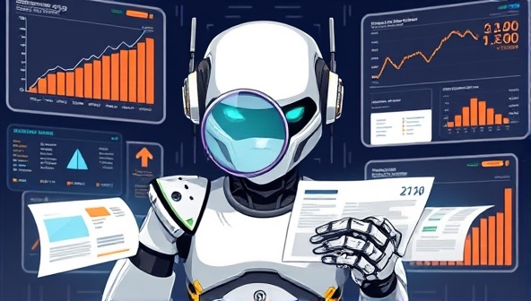 An illustration of a sleek, futuristic robot with a magnifying glass analyzing receipts and invoices, surrounded by digital screens displaying graphs and financial data, symbolizing efficiency and automation in expense tracking.