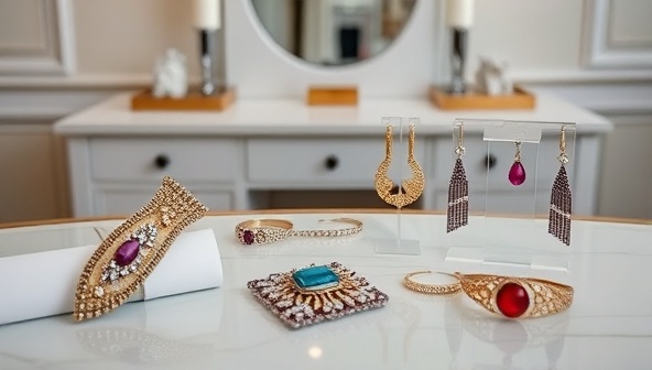 An elegant display of custom 3D printed jewelry pieces, showcasing intricate designs and vibrant colors, set against a backdrop of a stylish dressing table, highlighting the exclusivity and craftsmanship of the brand.