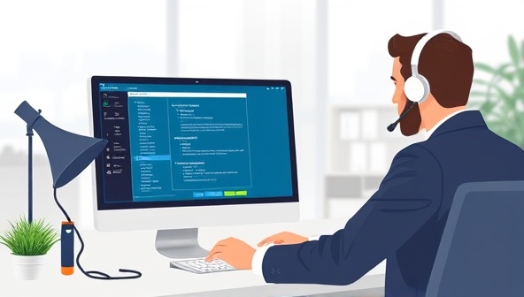 An illustration of a legal tech support specialist assisting a lawyer with software troubleshooting on a computer screen, with a virtual IT helpdesk background, conveying prompt and professional technical support tailored to legal professionals.