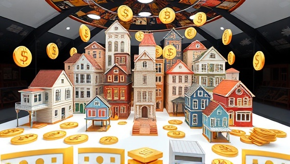 An innovative virtual reality representation of a diverse real estate portfolio, with digital tokens representing individual property investments, creating an immersive and engaging visualization of the crowdfunding platform's offerings.
