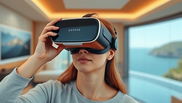 An individual wearing a VR headset, exploring a beautifully rendered virtual representation of a luxury property, with detailed interiors and stunning views, capturing the essence of the immersive experience.