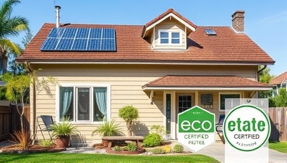 An eco-friendly property showcasing sustainable features like solar panels, rainwater harvesting systems, and energy-efficient appliances, highlighting the benefits of EcoEstate Certified's sustainability certification program for real estate properties.