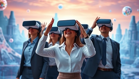 A group of corporate employees in business attire wearing VR headsets and engaging in a virtual team-building challenge, surrounded by futuristic digital landscapes and collaborative teamwork elements, symbolizing innovation and team cohesion in a virtual setting.