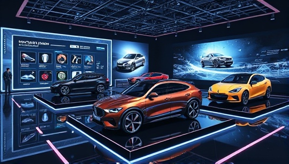 An engaging 3D rendering of a virtual car showroom environment with sleek vehicles displayed on digital platforms, interactive touchscreens for customization options, and virtual test drive simulations, illustrating the immersive and futuristic experience offered by VirtuAuto Showcase.