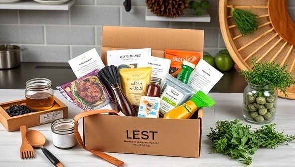 An enticing visual of a beautifully designed subscription box filled with gourmet ingredients, recipe cards, and cooking inspiration, surrounded by kitchen utensils and fresh herbs, conveying a sense of culinary exploration and excitement.
