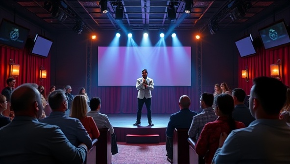 A lively virtual comedy club setting with a stage, audience members laughing, and a comedian delivering a stand-up performance, capturing the essence of a live comedy show in a digital space.