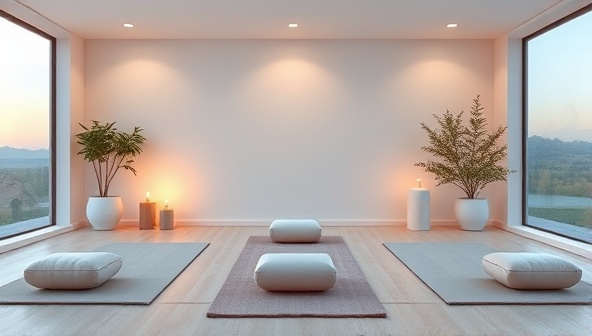 A serene virtual retreat setting with soothing colors, calming imagery, and virtual yoga mats and meditation cushions, inviting participants to unwind and rejuvenate from the comfort of their own space.