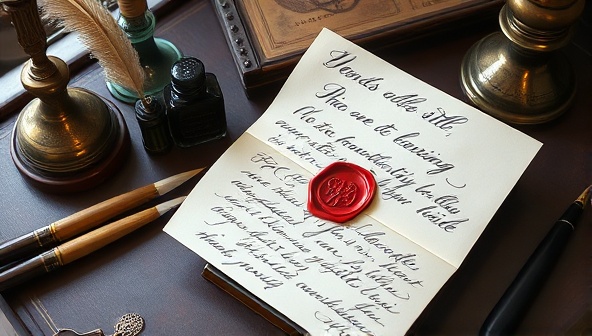 A beautifully crafted handwritten letter sealed with a wax stamp, placed on a vintage writing desk surrounded by quills, ink bottles, and decorative elements, exuding elegance and nostalgia, evoking sentiments of warmth and authenticity in communication.