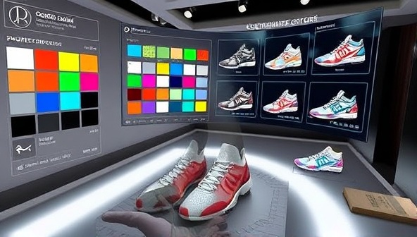 An AR visualization of a customer customizing a pair of shoes, selecting colors and patterns in a virtual setting, with realistic 3D renderings of the final product, demonstrating the platform's immersive customization experience.