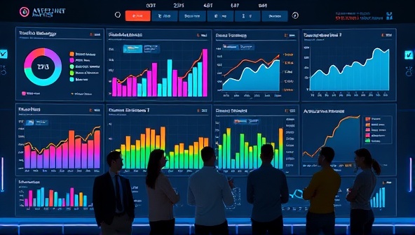 A futuristic dashboard displaying colorful graphs and charts representing social media engagement metrics, with a virtual AI assistant providing insights to a diverse group of marketers, symbolizing advanced analytics and data-driven decision-making.