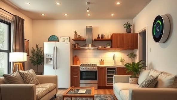 A cozy home interior with energy-efficient appliances and smart home devices, showcasing comfort and sustainability, with a focus on LED lighting, eco-friendly materials, and a modern, energy-saving thermostat, illustrating the benefits of an eco-renovated home.