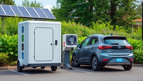 A mobile charging station parked next to a sleek electric vehicle, surrounded by lush greenery and solar panels, illustrating the eco-friendly and convenient nature of PowerCharge On-the-Go.