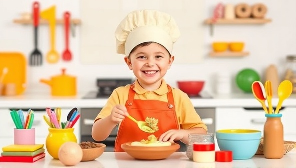 A cheerful kitchen setup with a child wearing a chef's hat and apron, surrounded by colorful cooking utensils and ingredients, joyfully preparing a dish from the gourmet DIY cooking kit, showcasing fun and educational culinary exploration for kids.