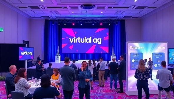 A dynamic virtual event setup with a stage, audience avatars, interactive booths, and networking lounges, showcasing the versatility and engagement opportunities of virtual events, creating a vibrant and immersive experience for attendees.