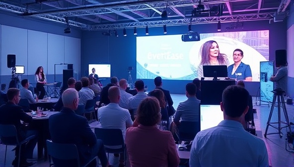 An artistic rendering of a virtual event setup with attendees interacting in a digital environment, highlighting the modern and innovative approach of EventEase.