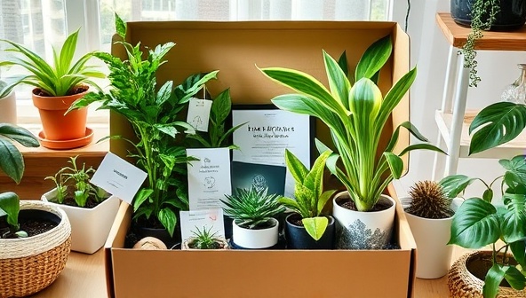 An aesthetic plant subscription box filled with lush green plants, decorative pots, care instructions, and botanical-themed accessories, surrounded by natural light and cozy home decor elements, creating a visual delight and a sense of plant joy for PlantPals subscribers.
