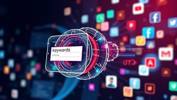A futuristic interface displaying an AI engine processing keywords and generating engaging written content, with diverse content formats and social media icons in the background, symbolizing creativity and efficiency.