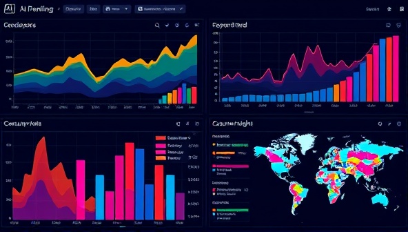 An AI-powered dashboard displaying colorful graphs, trend analysis charts, and consumer sentiment heatmaps, visualizing the depth and accuracy of market insights generated by the AI algorithms for businesses.