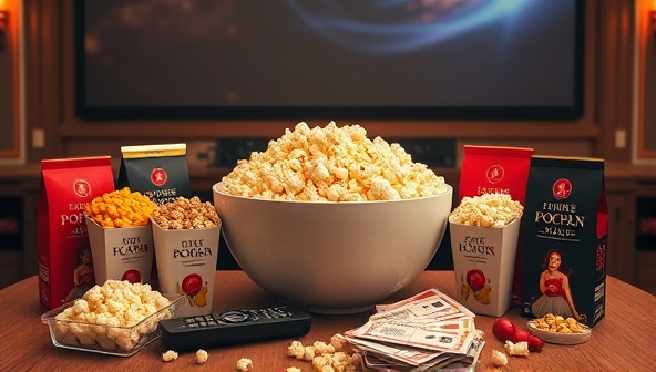 An elegant and cozy home theater setup with a large bowl of gourmet popcorn in the center, surrounded by different popcorn flavors in stylish packaging, a remote control, and movie tickets, creating a cinematic and indulgent ambiance.