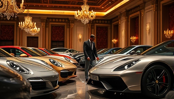 An opulent setting featuring a lineup of rare and luxurious vehicles under soft lighting, with a dedicated concierge assisting a high-profile client in selecting their dream car, surrounded by exquisite detailing and personalized touches, epitomizing the exclusive and tailored services of AutoLux Concierge for elite automotive experiences.