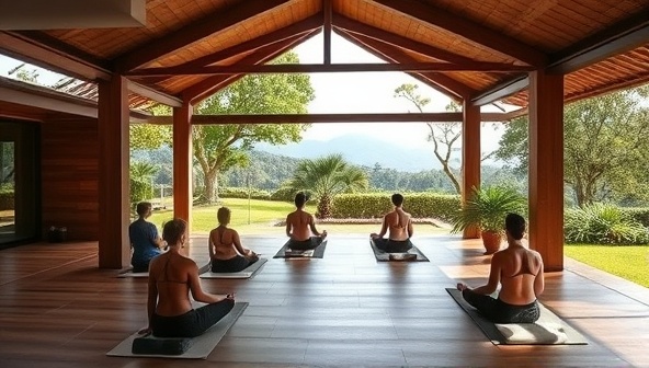 A serene wellness retreat setting with participants practicing yoga and meditation in a beautifully designed space surrounded by nature, with architectural elements blending seamlessly with the natural landscape, evoking a sense of peace and tranquility, as experienced in ArchSerenity Retreats.