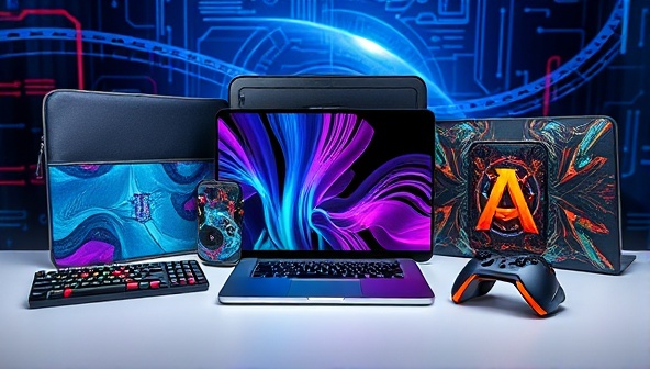 An array of customized tech accessories displayed on modern tech devices, featuring sleek laptop sleeves, vibrant phone cases, and gaming peripherals with intricate designs, set against a futuristic tech backdrop to highlight the customizable and tech-savvy nature of the products.