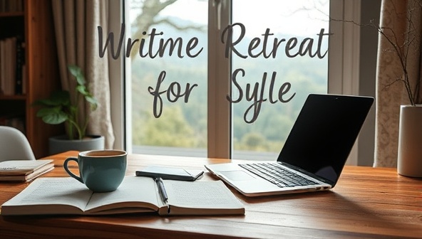 An inspiring visual representation of a virtual writing retreat setup, featuring a cozy home office environment with a laptop, notebooks, a steaming mug of tea, and a window overlooking a tranquil natural landscape, evoking a sense of focus, creativity, and relaxation for writers participating in the retreat.