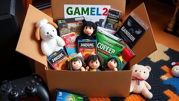 An enticing subscription box overflowing with gaming merchandise, including plushies, stickers, game codes, and snacks, surrounded by a gaming console and controller, creating a sense of excitement and anticipation for subscribers.