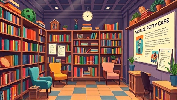 An artistic digital illustration of a vibrant virtual poetry cafe with colorful bookshelves, cozy reading nooks, and interactive poetry walls where users can post and share their poems, fostering a sense of community and creativity.