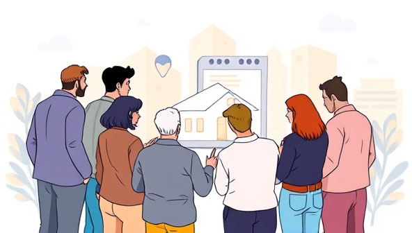An illustration of a diverse group of investors collaborating on a digital platform, reviewing property investment opportunities and discussing investment strategies, symbolizing the community-driven investment approach of FundEstate.