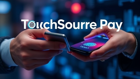 A futuristic payment experience demonstration with TouchSecure Pay, showcasing a user seamlessly completing a secure transaction using biometric authentication on a mobile device, emphasizing convenience and trust in digital payments.