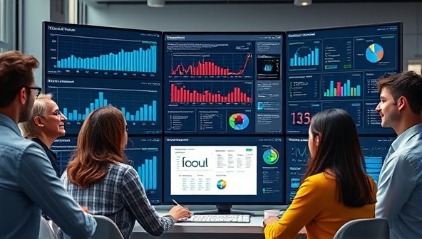 An AI-powered virtual assistant interacting with a diverse group of business owners, analyzing data on multiple screens, and presenting customized marketing strategies in real-time, illustrating efficiency and innovation.