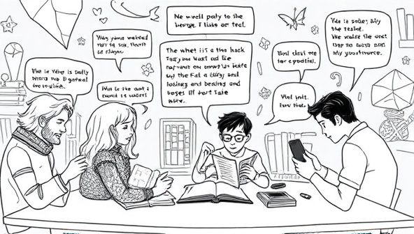 A group of writers immersed in a collaborative storytelling session, each contributing their ideas and characters to a shared narrative world displayed on a digital interface, with fantasy elements and literary references woven into the evolving story, illustrating the platform's creative and interactive storytelling environment.