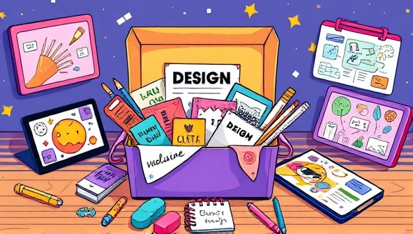 An artistic illustration of a beautifully designed subscription box filled with creative design tools, inspirational prints, and colorful stationery items, surrounded by digital devices displaying vibrant design projects and sketches, evoking a sense of creativity and excitement.