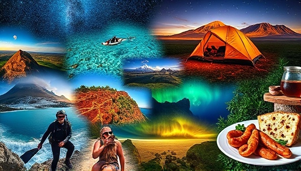 A vibrant and dynamic collage of adventurous activities such as hiking, scuba diving, camping under the stars, and sampling exotic cuisines from around the world, evoking a sense of wanderlust and excitement.