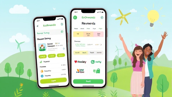An interactive mobile app interface showcasing the EcoRewards+ platform with energy-saving challenges, reward points tracker, and eco-friendly partner logos, set against a backdrop of green landscapes, renewable energy symbols, and happy users redeeming rewards, illustrating a fun and impactful sustainability initiative in action.