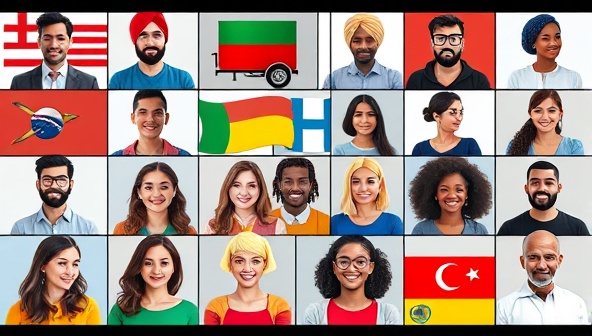 A diverse group of avatars from different countries engaging in virtual language exchange sessions, sharing cultural insights and practicing language skills in a dynamic and interactive online community setting, showcasing the diversity and learning opportunities of the platform.