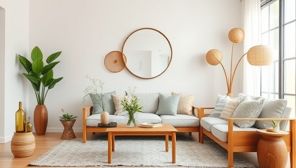 A modern and eco-friendly living room setting with sustainable home decor items like recycled glass vases, reclaimed wood furniture, and organic cotton throw pillows, creating a harmonious and stylish interior space that reflects the ethos of EcoHaven Haven's online platform.